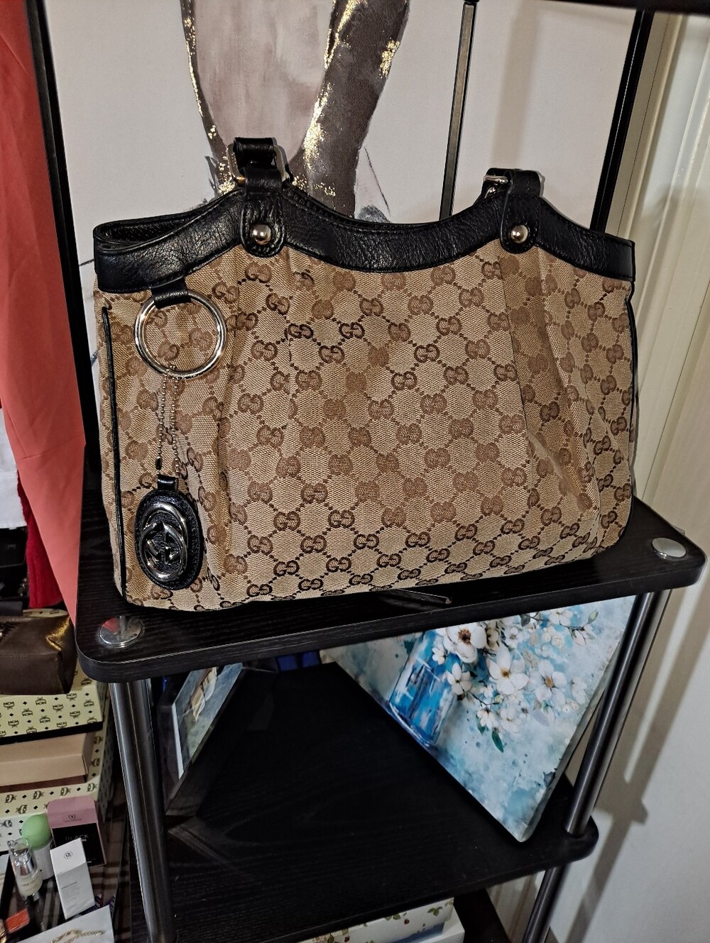 Gucci Sukey, In Tan Monogram Canvas Tote with Black Trim and Charm